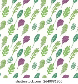 Seamless pattern of Herbs collection. Botanical background with hand-drawn leaves greenery of plants for gardening: parsley, rosemary, sage, arugula. Healthy vegan food concept