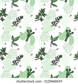 Seamless pattern of herbs, drawn element in doodle style. Herbs and spices - parsley, asparagus, rosemary and bay leaf. Pattern in a trendy linear style and green palette.