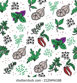 Seamless pattern of herbs, drawn element in doodle style. Culinary, Kitchen. Herbs and spices - parsley, asparagus, rosemary and bay leaf. Pattern in a trendy linear style and green palette.