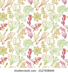 Seamless pattern of herbs, drawn element in doodle style. Silhouettes in rainbow color. Herbs and spices - chili, vanilla, barberry, rosemary, bay leaf, etc. Pattern in a fashionable linear style.