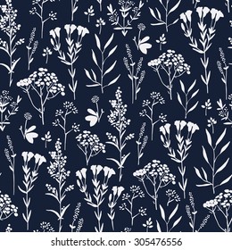 Seamless pattern with herbs and floral motifs in indigo color range, Meadow Herbs collection, vector textile design.