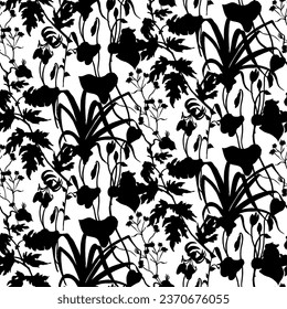 Seamless pattern with herbs and flowers. Botanical silhouettes of herbs and leaves of garden and field summer plants in vector for textiles