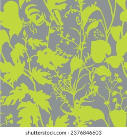 Seamless pattern with herbs and flowers. Botanical silhouettes of herbs and leaves of garden and field summer plants in vector for textiles