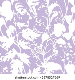 Nahtlose Muster mit Kräutern und Blumen. Botanische Silhouetten von Kräuter und Blättern von Gartenpflanzen und Feldsommerpflanzen, Vektorgrafiken für Textilien