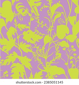 Nahtlose Muster mit Kräutern und Blumen. Botanische Silhouetten von Kräuter und Blättern von Gartenpflanzen und Feldsommerpflanzen, Vektorgrafiken für Textilien