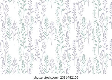 Seamless pattern herbs and flowers painted silhuettes on white. Line art vector background. Vector EPS 10