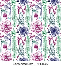 Seamless pattern with herbs and flowers. Is suitable for the press on fabric, paper and other materials, contour for a stylish embroidery.