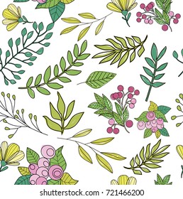 Seamless pattern with herbs, fruits and flowers. Editable vector illustration