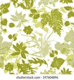 Seamless pattern with herbs and ink-stained