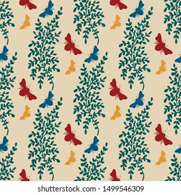 Seamless pattern with herbs and insects on a light brown background. Decorative endless textures for your design of fabric, paper, etc.