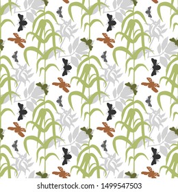 Seamless pattern with herbs and insects on a white background. Endless textures for your design of fabric, paper, etc.