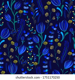 seamless pattern with herbs and leaves in blue colors
