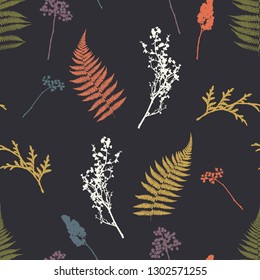 Seamless pattern. Herbs, leaves of thuja and ferns. Vector illustration.