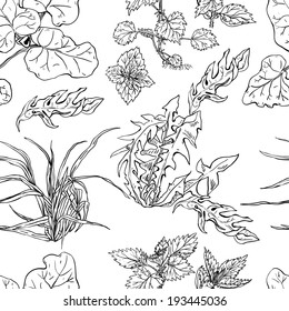 Seamless pattern with herbs pen and ink