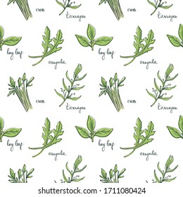 Seamless pattern with herbs and salad leaves: bay leaf, cress, tarragon, arugula/ Hand drawn colorful background/ Vector illustration