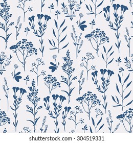 Seamless pattern with herbs and seasonings, Meadow Herbs collection, vector textile design.