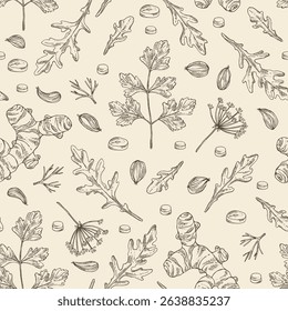 Seamless pattern with herbs and spices: arugula, turmeric root, parsley leaves, azhgon, indian cumin. Vector hand drawn illustration.