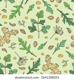Seamless pattern with herbs and spices: arugula, turmeric root, parsley leaves, azhgon, indian cumin. Vector hand drawn illustration.