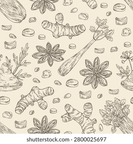 Seamless pattern with herbs and spices: asafoetida, turmeric root, celery, apium graveolens, badyan, star anise. Vector hand drawn illustration.