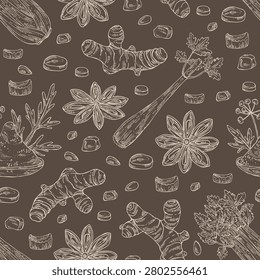 Seamless pattern with herbs and spices: asafoetida, turmeric root, celery, apium graveolens, badyan, star anise. Vector hand drawn illustration.