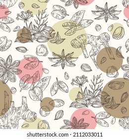 Seamless pattern with herbs and spices: azhgon seeds, badyan, star anise, sichuan pepper and alpinia galanga. Vector hand drawn illustration