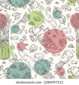 Patrón sin foco con hierbas y especias: jengibre, pimienta sichuan, daikon y limón. Ilustración dibujada a mano por vectores.