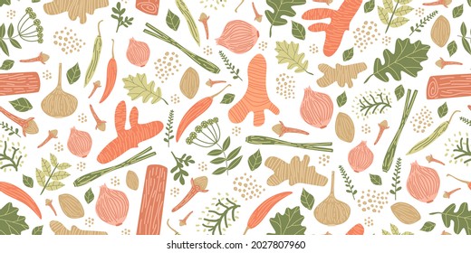 Seamless pattern with herbs and spices hand drawn. Hand-drawn seamless pattern of retro herb spice collection on white background