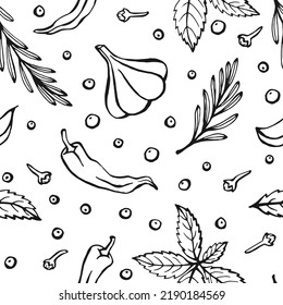 Seamless pattern with herbs and spices. Hand drawn vector illustration in sketch style.