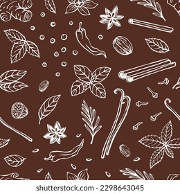 Seamless pattern with herbs and spices. Hand drawn vector illustration in sketch style.