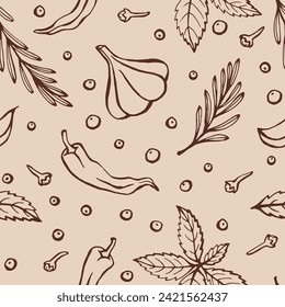 Seamless pattern with herbs and spices. Hand drawn vector illustration in sketch style.