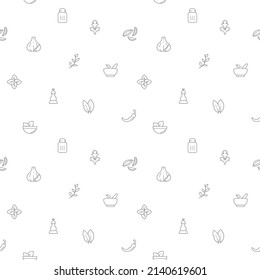 Seamless pattern with herbs and spices icon on white background. Included the icons as basil, parsley, rosemary, bay leaf, chili, onion, dill, cloves, garlic And Other Elements.