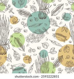 Seamless pattern with herbs and spices: kale leaves, sesame seeds, shallot, sichuan pepper. Vector hand drawn illustration.