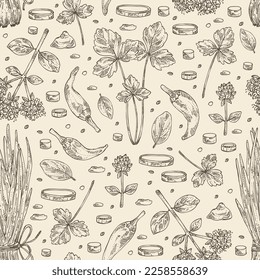 Seamless pattern with herbs and spices: leaves and flowers of origanum vulgare, shallot, cayenne pepper and cryptotaenia japonica. Vector hand drawn illustration.