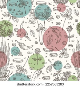 Seamless pattern with herbs and spices: leaves and flowers of origanum vulgare, shallot, cayenne pepper and cryptotaenia japonica. Vector hand drawn illustration.