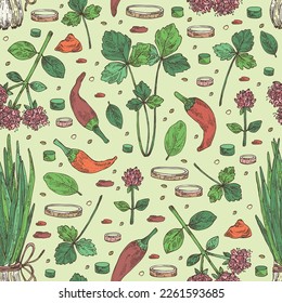 Seamless pattern with herbs and spices: leaves and flowers of origanum vulgare, shallot, cayenne pepper and cryptotaenia japonica. Vector hand drawn illustration.