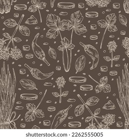 Seamless pattern with herbs and spices: leaves and flowers of origanum vulgare, shallot, cayenne pepper and cryptotaenia japonica. Vector hand drawn illustration.