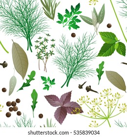 seamless pattern with herbs and spices on white background