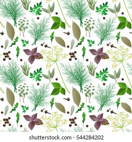 seamless pattern with herbs and spices on white background