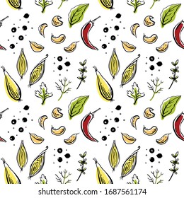 Seamless pattern with herbs and spices: pepper, bay leaf, onion, garlic, parsley. Colorful sketch of healthy vegetables and herbs isolated on white background. Doodle hand drawn vector illustration