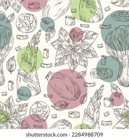 Seamless pattern with herbs and spices: perilla, bamboo shoots,  lotus root and bok choy. Vector hand drawn illustration.
