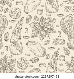 Seamless pattern with herbs and spices: perilla, bamboo shoots,  lotus root and bok choy. Vector hand drawn illustration.