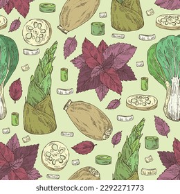 Seamless pattern with herbs and spices: perilla, bamboo shoots,  lotus root and bok choy. Vector hand drawn illustration.