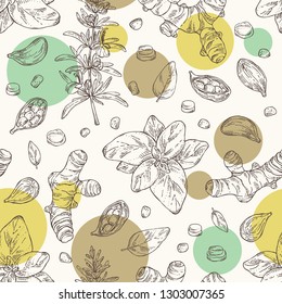 Seamless pattern with herbs and spices: rosemary, turmeric root, basil and cardamom. Vector hand drawn illustration.