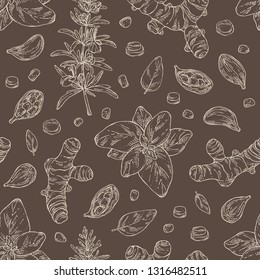 Seamless pattern with herbs and spices: rosemary, turmeric root, basil and cardamom. Vector hand drawn illustration.