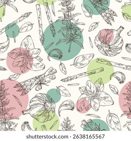 Seamless pattern with herbs and spices: rosemary, garlic, basil, asparagus. Vector hand drawn illustration.