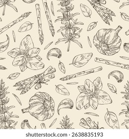 Seamless pattern with herbs and spices: rosemary, garlic, basil, asparagus. Vector hand drawn illustration.