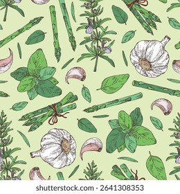 Seamless pattern with herbs and spices: rosemary, garlic, basil, asparagus. Vector hand drawn illustration.