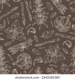Padrão sem emenda com ervas aromáticas e especiarias: alecrim, alho, manjericão, espargos. Ilustração desenhada à mão vetorial.