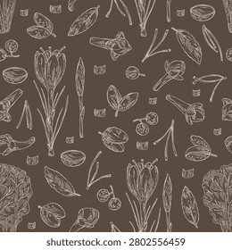 Seamless pattern with herbs and spices: saffron, clove tree, sichuan pepper, chard. Vector hand drawn illustration.
