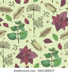 Seamless pattern with herbs and spices: sesame seeds, dill leaves, perilla, holy basil, tulasi. Vector hand drawn illustration.